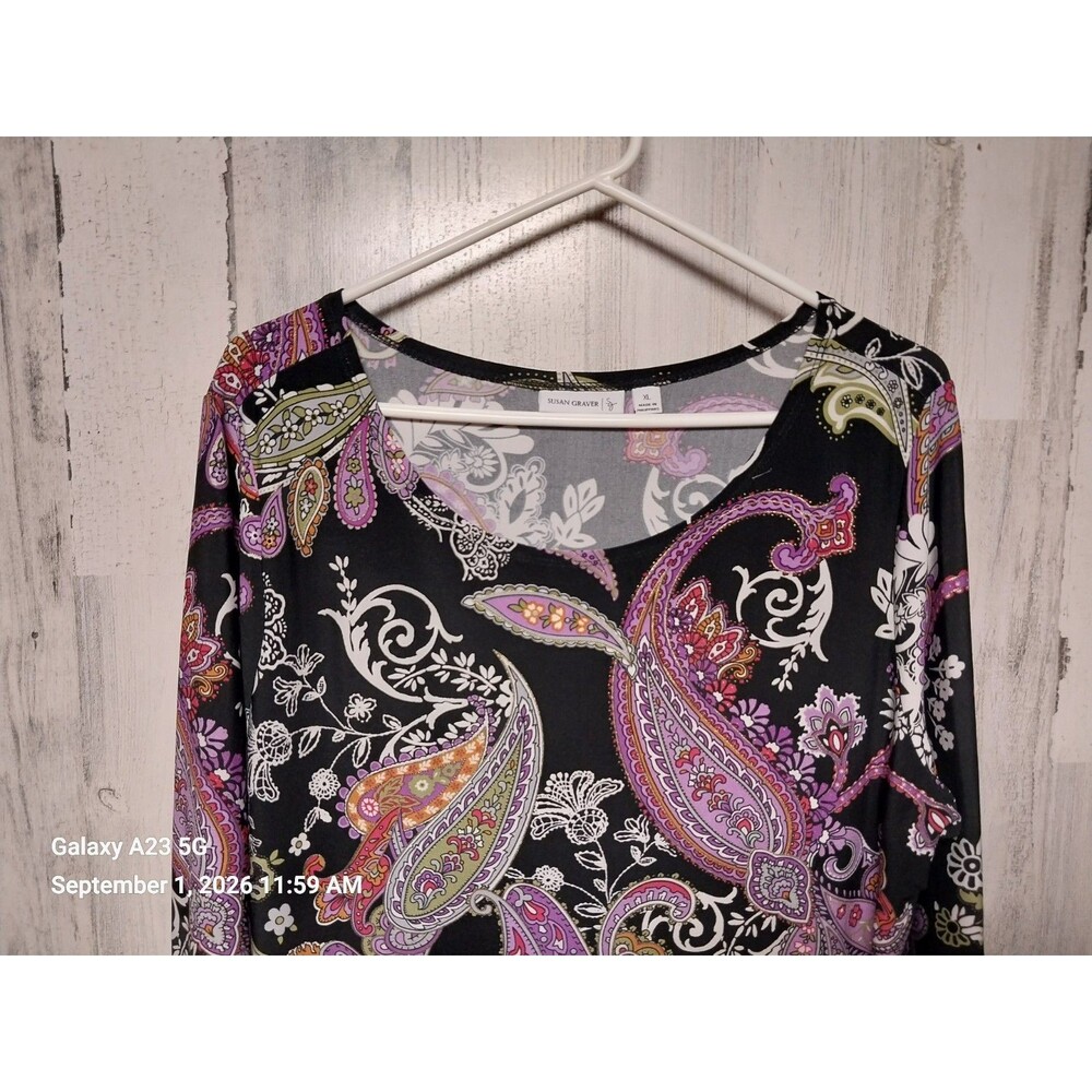 Susan Graver XL Paisley Print 3/4 Sleeve Top - Picture 3 of 5